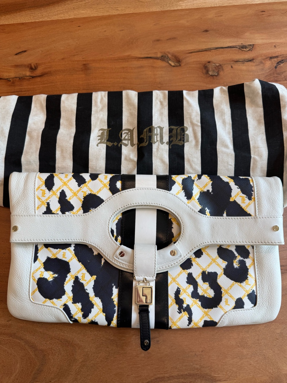 L.A.M.B. by Gwen Stefani Leopard Print Leather Clutch Purse White Black Gold - Picture 12 of 12